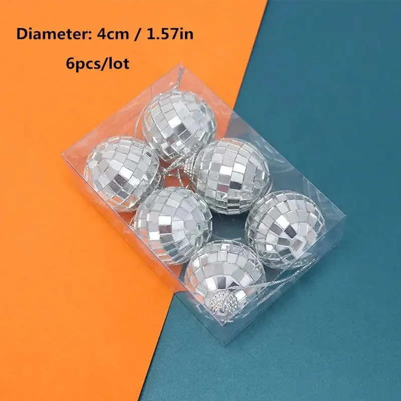 4CM 12 PCS Mirror Disco 4D Christmas Ball Silver Christmas Tree Hanging Ornaments for Wedding Party Dance Music Festival Home Decorat