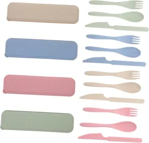 4Sets Portable Travel Utensils Set Fork and Spoon Set for Lunch Box Reusable Tableware with Case Straw Material for Camping Picnics and Outdoor