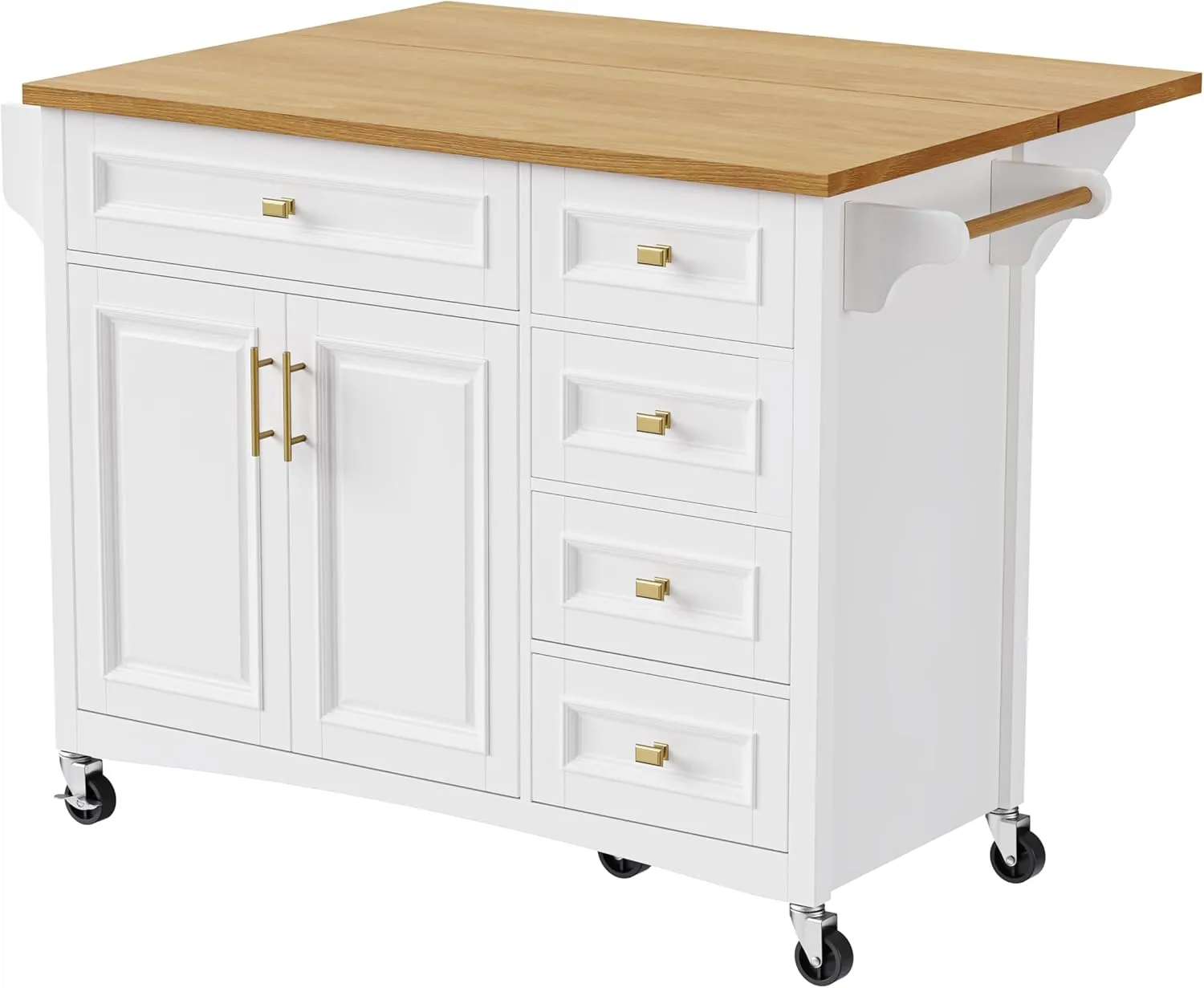 52 Inches Kitchen Island with Drop Leaf, 5 Drawers & 2 Doors, Spice & Towel Rack, Adjustable Shelf, Embossed Texture, Wheels for Mobility, White   Brown Finish (5 Drawers   2 Doors)