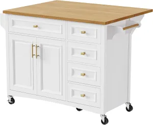 52 Inches Kitchen Island with Drop Leaf, 5 Drawers & 2 Doors, Spice & Towel Rack, Adjustable Shelf, Embossed Texture, Wheels for Mobility, White   Brown Finish (5 Drawers   2 Doors)