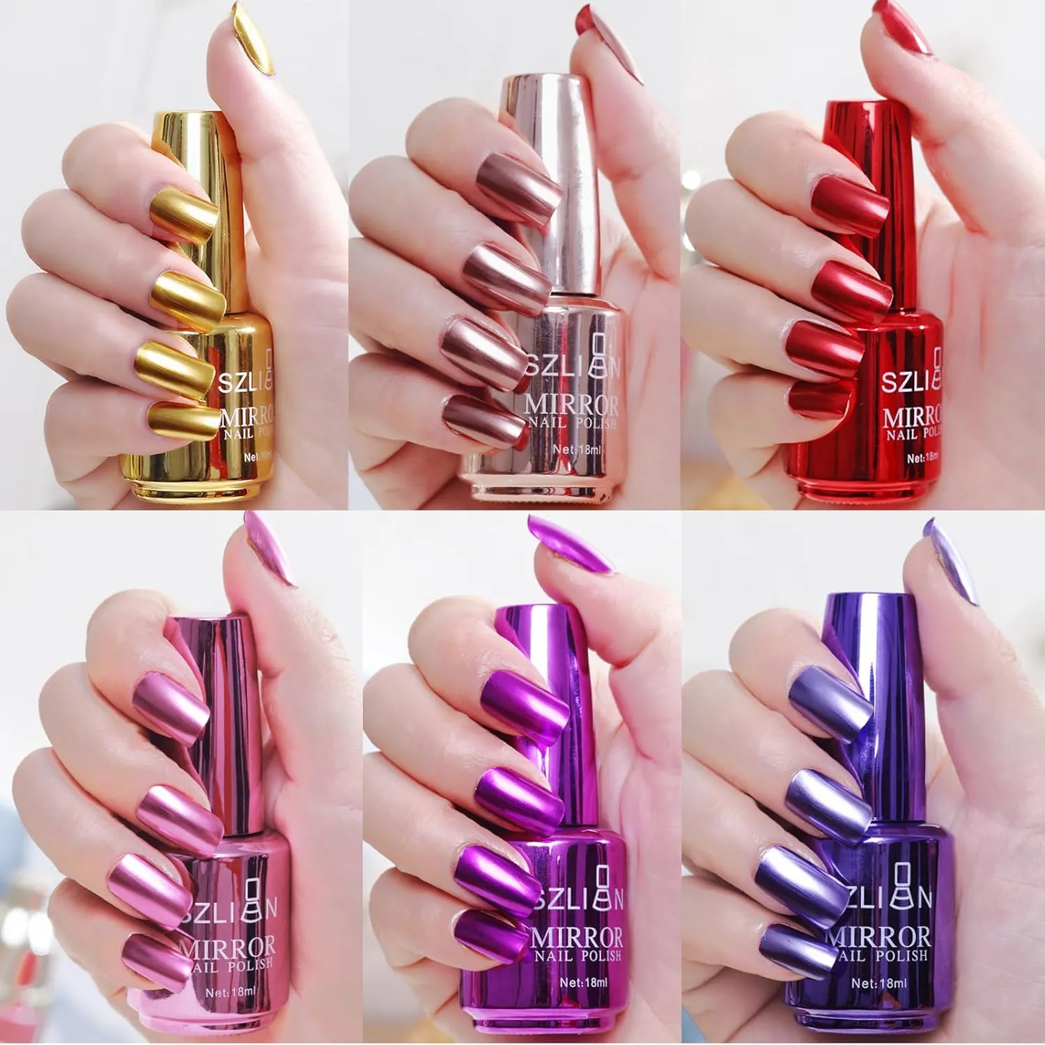 6 Colors Metallic Nail Polish Mirror Nail Polish Reflective Manicure Mirror Effect Glossy Nail Lacquer Nail Art Set 18ML