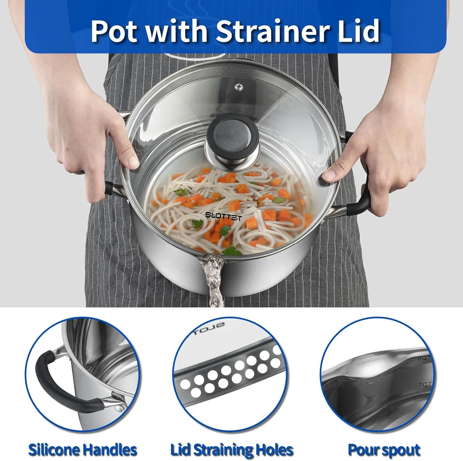 6 Quart Stainless Steel Stock Pot with Strainer Glass Lid,6 Qt Soup Pot Multipurpose Stockpot with Pour Spout,Stay-cool silicone Handle.
