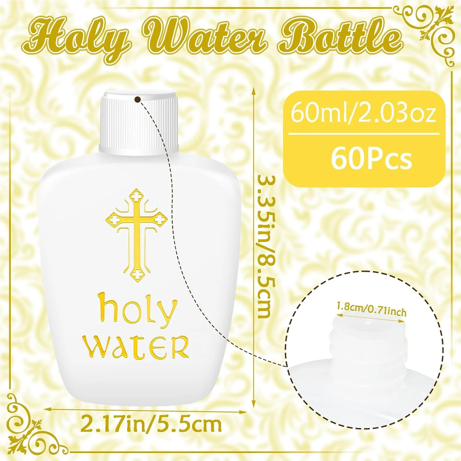 60Pcs Holy Water Bottles Plastic 2oz Holy Water Container Empty Containers with Gold Cross for Catholic Christian Halloween First Communion Gift Thanksgiving Baptism Party Church 60ml