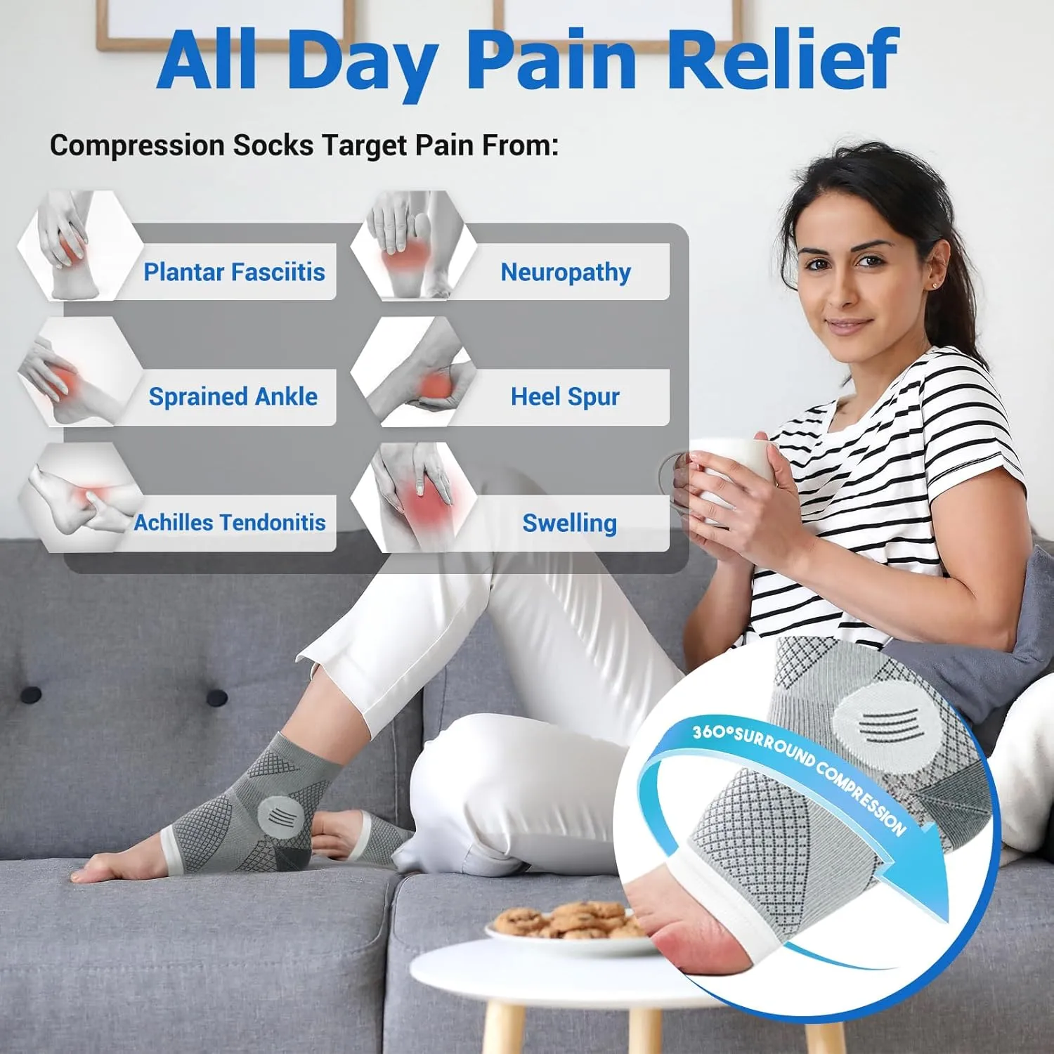 6Pairs Neuropathy Socks for Women and Men, Toeless Compression Socks, Soothe Relief Compression Socks, Compression Socks for Plantar Fasciitis, Achilles Tendonitis Relief, Arch Support (Medium)