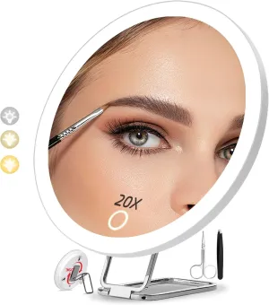 6" 20x Magnifying Mirror with Light Suction Cup,Led Close up Makeup Mirror for Tweezing with 360° Stand,3 Color Lighted Personal 20x Mirror,20 times Concave Zoom Mirrors for Closer Partial Details