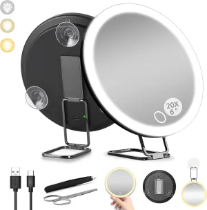 6" 20x Magnifying Mirror with Light Suction Cup,Led Close up Makeup Mirror for Tweezing with 360° Stand,3 Color Lighted Personal 20x Mirror,20 times Concave Zoom Mirrors for Closer Partial Details