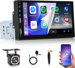 7 Inch Single Din Touchscreen Car Stereo - Wireless Carplay & Android Auto - 1 Din HD Touchscreen Car Radio - Voice Control, Bluetooth, Mirror Link, EQ, USB/AUX Port, SWC   12LED Backup Camera