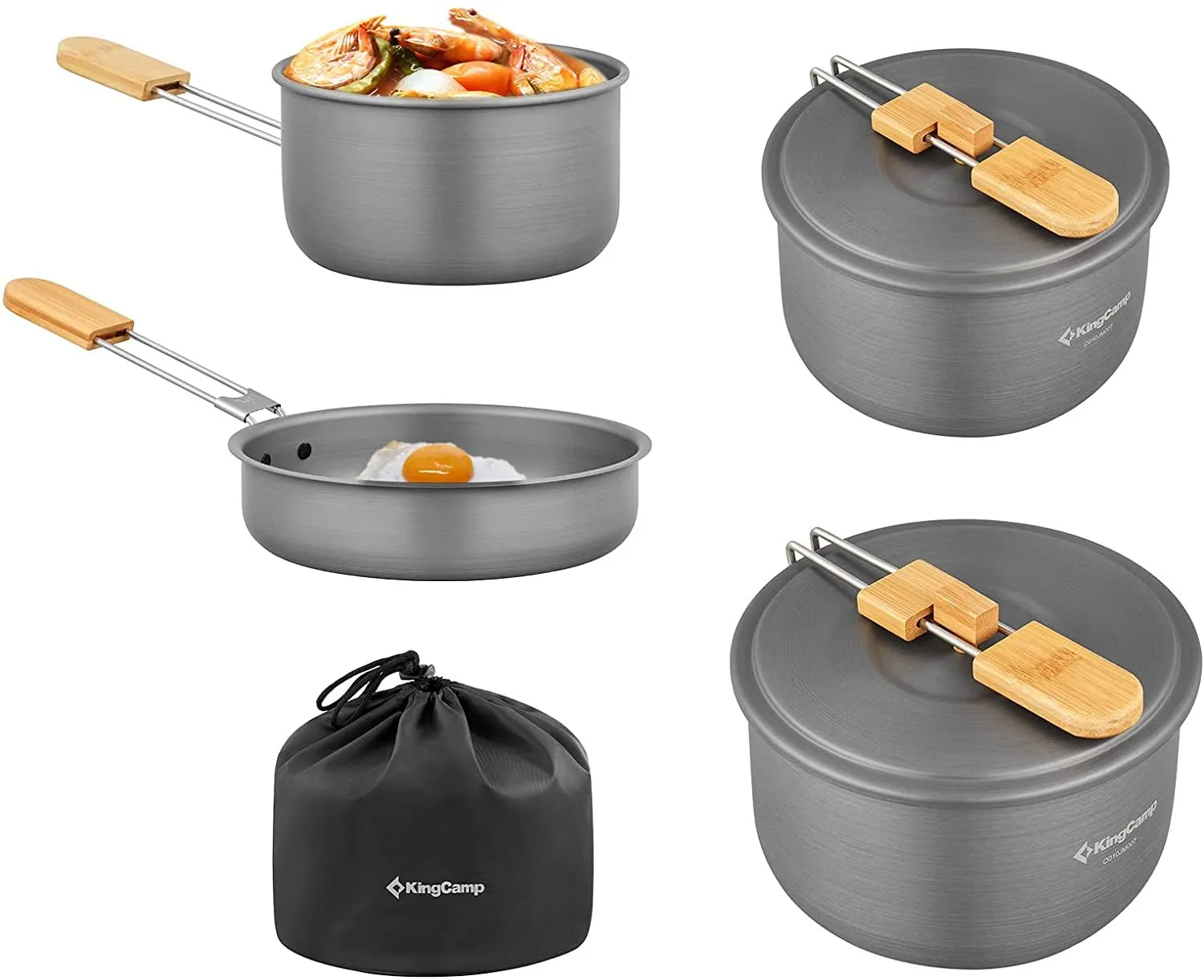 7-Piece Lightweight Aluminum Camping Cookware Set with Bamboo Handles
