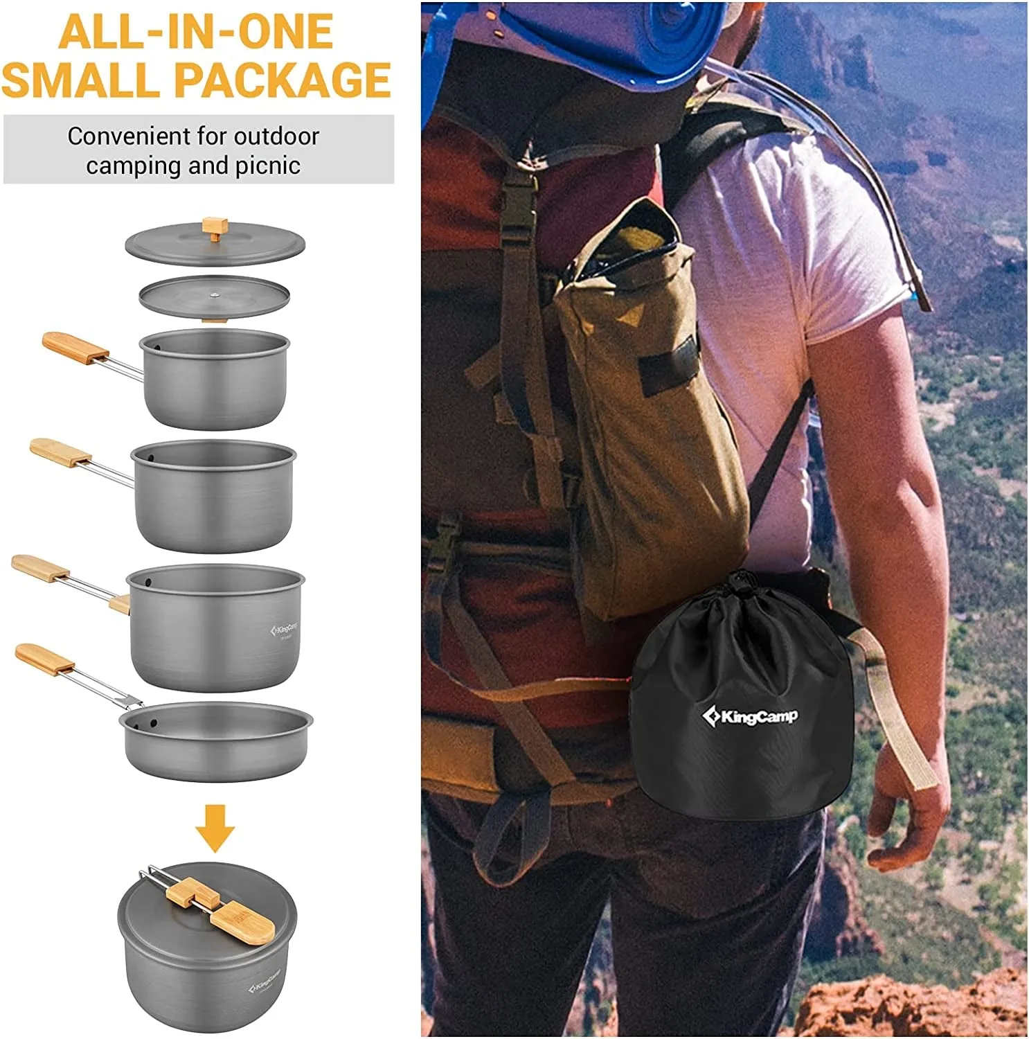 7-Piece Lightweight Aluminum Camping Cookware Set with Bamboo Handles