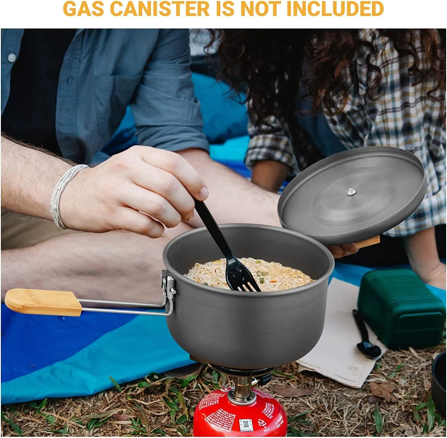 7-Piece Lightweight Aluminum Camping Cookware Set with Bamboo Handles
