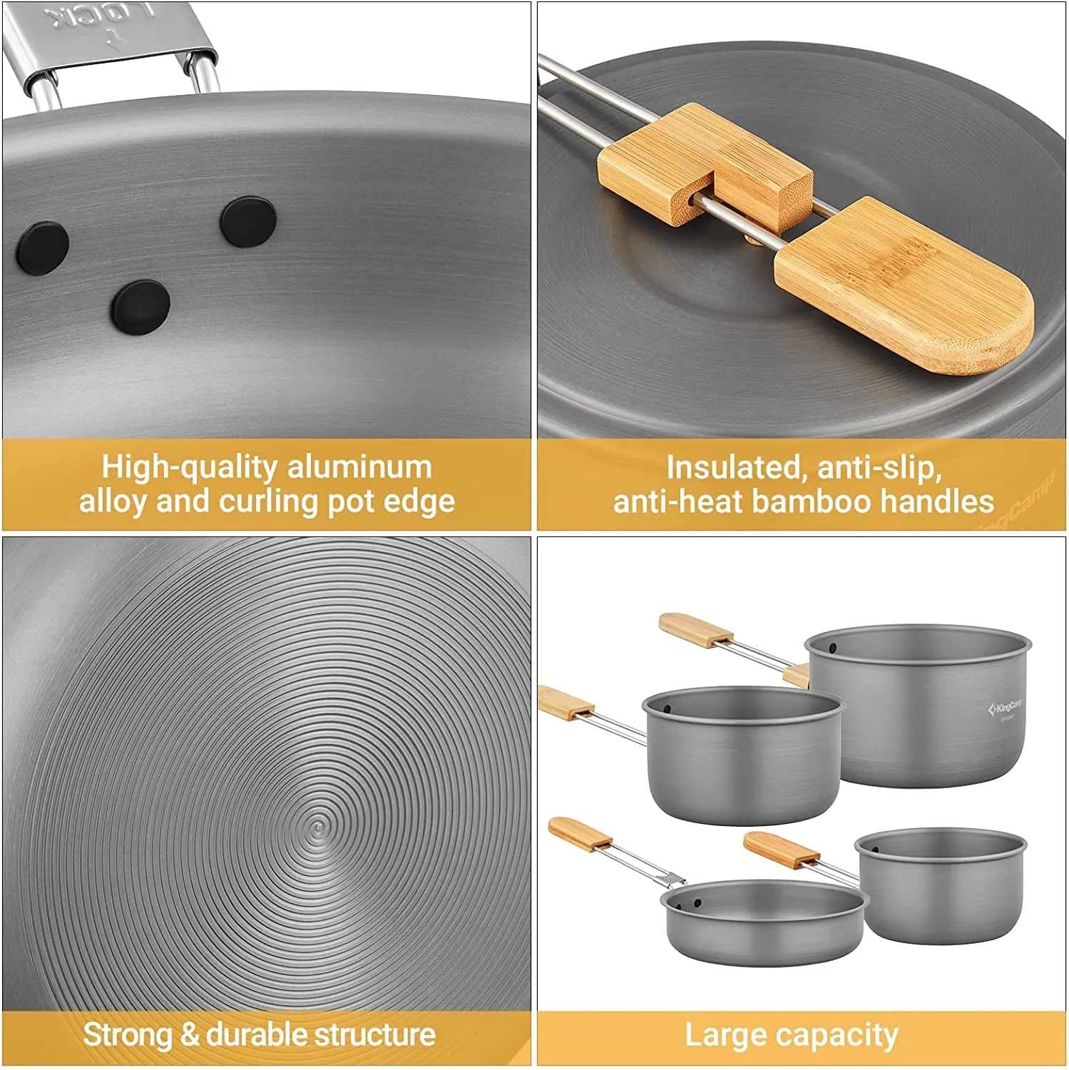 7-Piece Lightweight Aluminum Camping Cookware Set with Bamboo Handles