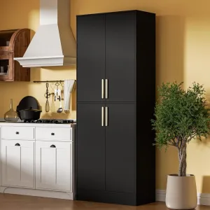 71" Tall Pantry Cabinet, 4 Doors Kitchen Pantry Storage Cabinet, Freestanding Larder Cupboard, Kitchen Hutch, Utility Pantry with Gold Handles for Dining Room, Bathroom, Black