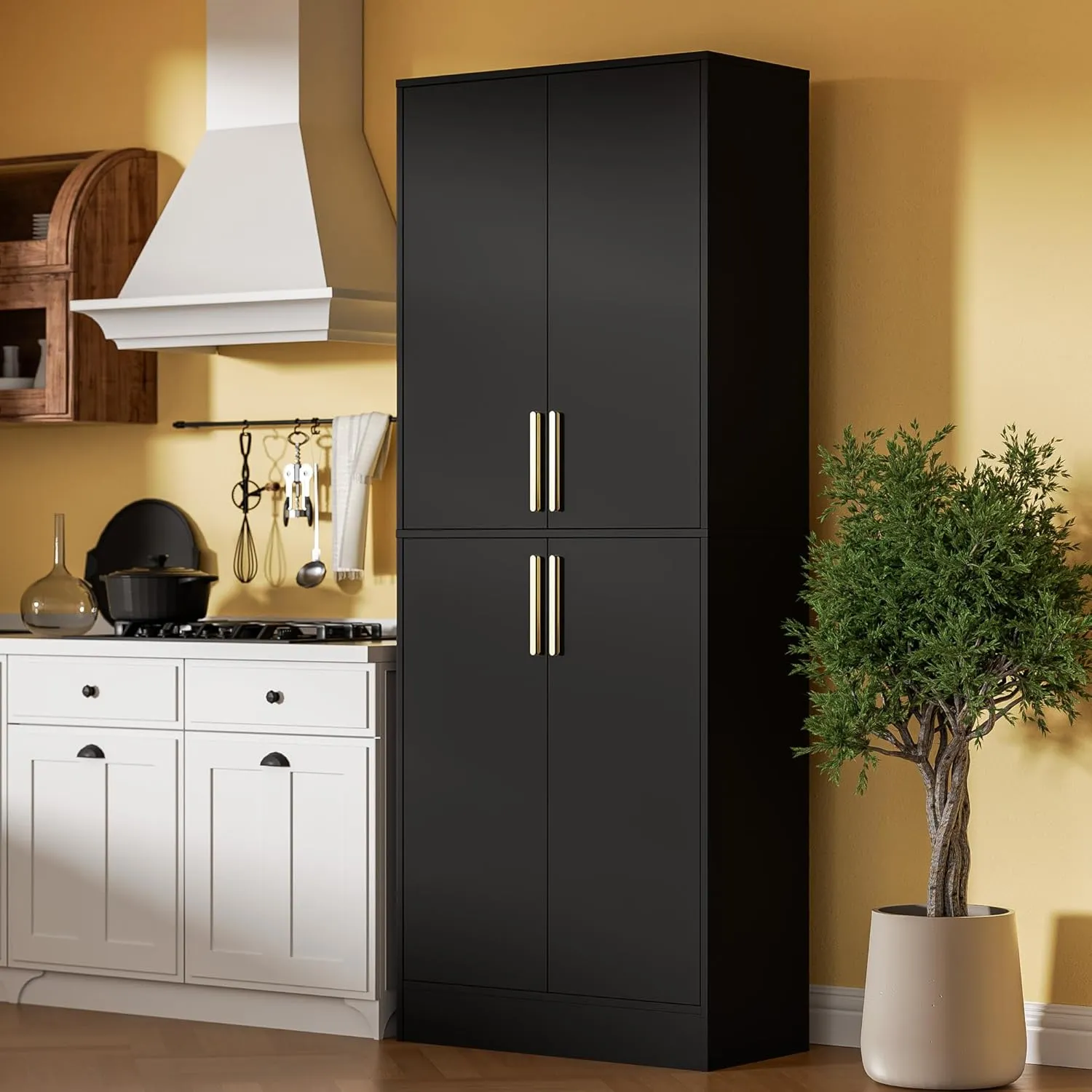71" Tall Pantry Cabinet, 4 Doors Kitchen Pantry Storage Cabinet, Freestanding Larder Cupboard, Kitchen Hutch, Utility Pantry with Gold Handles for Dining Room, Bathroom, Black