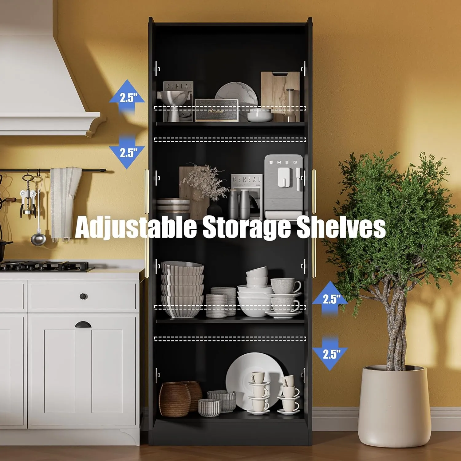 71" Tall Pantry Cabinet, 4 Doors Kitchen Pantry Storage Cabinet, Freestanding Larder Cupboard, Kitchen Hutch, Utility Pantry with Gold Handles for Dining Room, Bathroom, Black