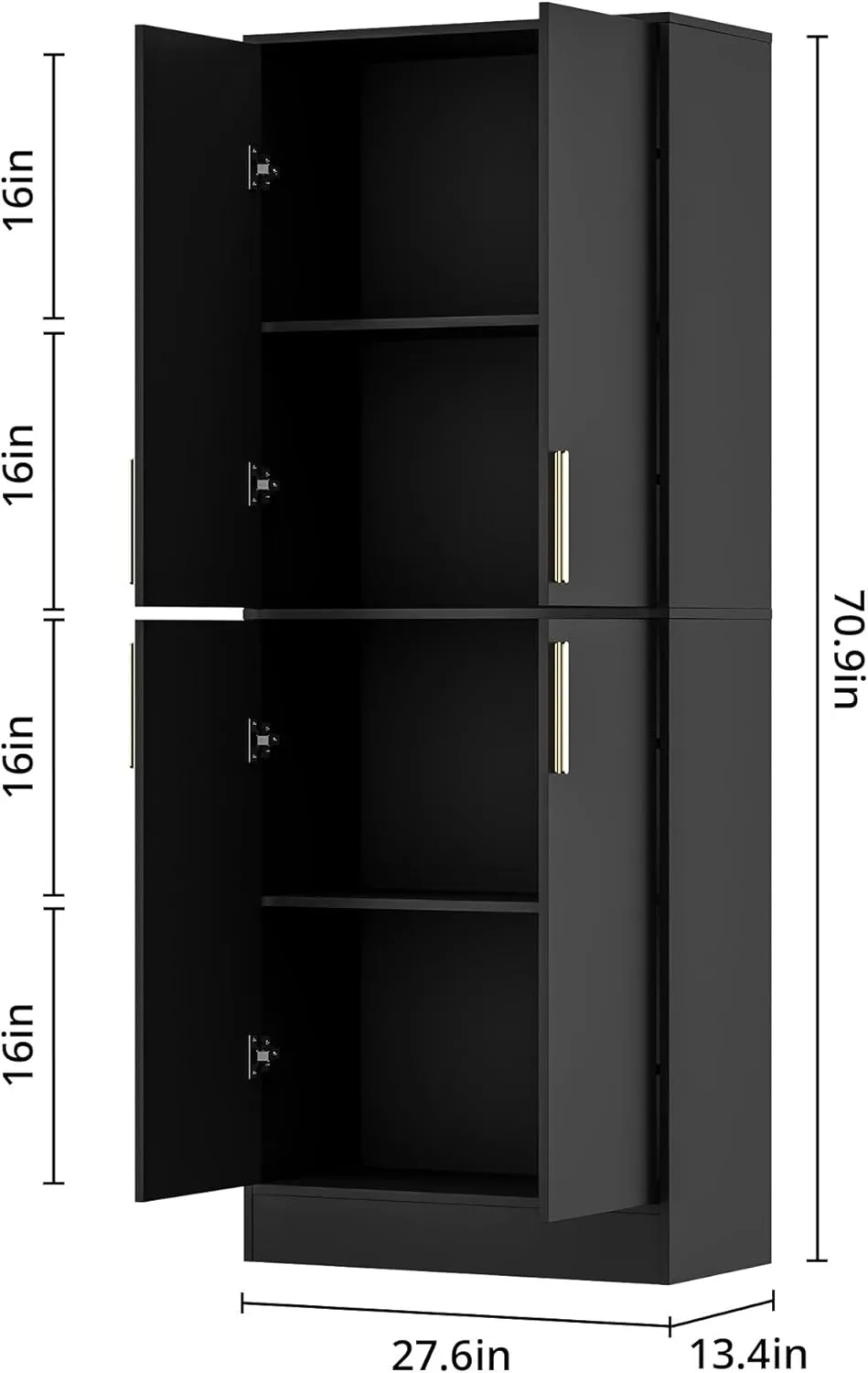 71" Tall Pantry Cabinet, 4 Doors Kitchen Pantry Storage Cabinet, Freestanding Larder Cupboard, Kitchen Hutch, Utility Pantry with Gold Handles for Dining Room, Bathroom, Black