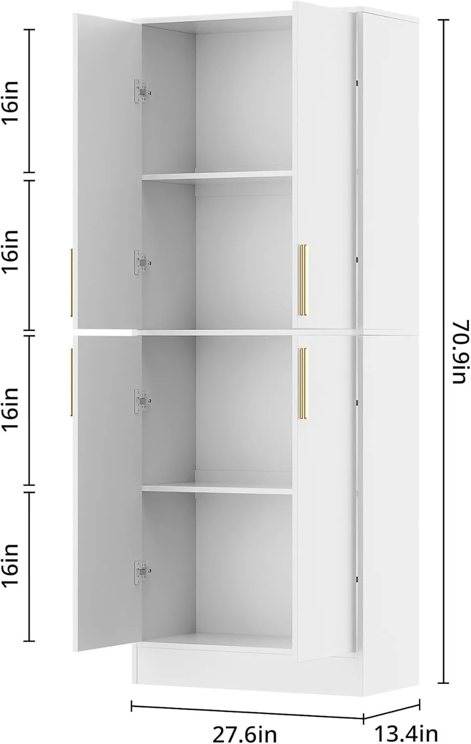 71" Tall Pantry Cabinet with 4 Doors, Kitchen Pantry Storage Cabinet, Freestanding Larder Cupboard, Kitchen Hutch, Utility Pantry with Gold Handles for Dining Room, Bathroom, White