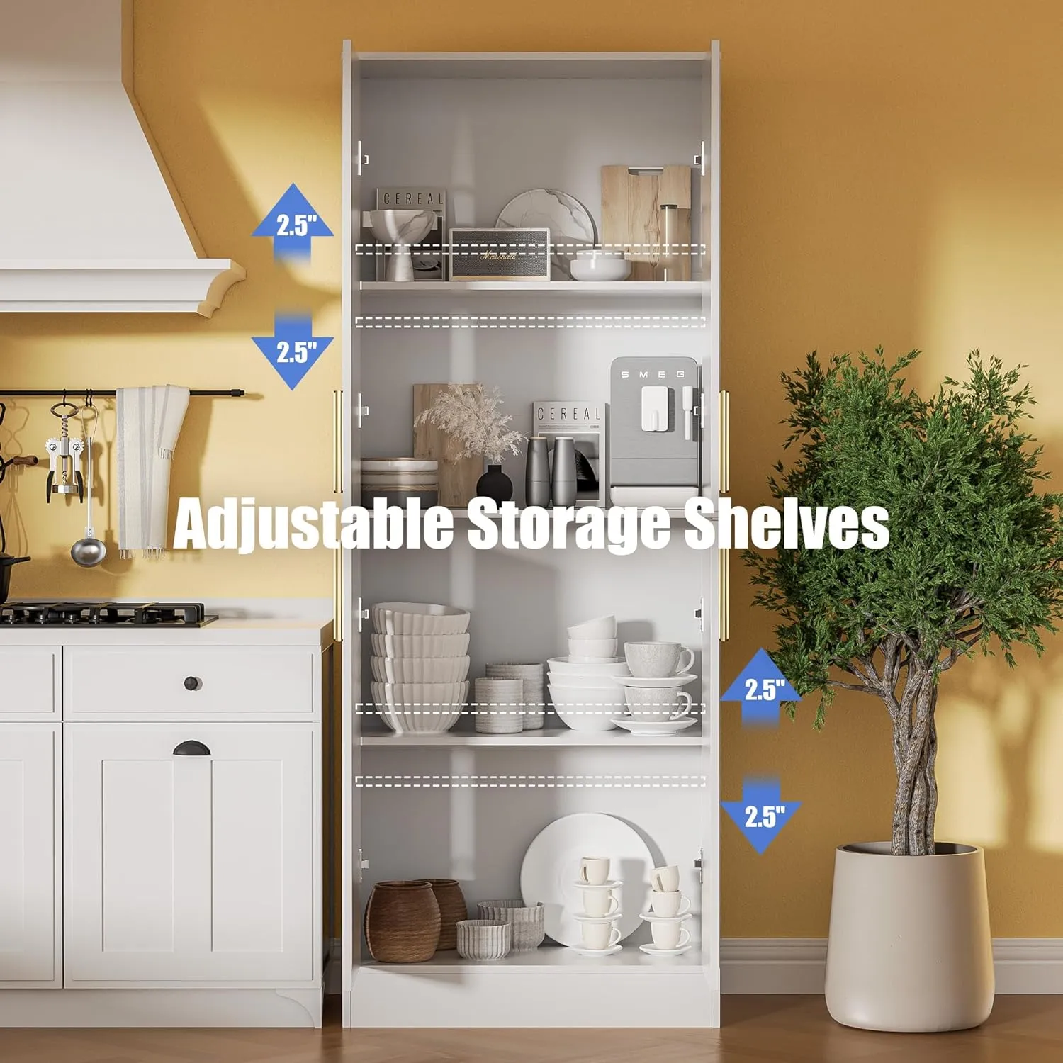 71" Tall Pantry Cabinet with 4 Doors, Kitchen Pantry Storage Cabinet, Freestanding Larder Cupboard, Kitchen Hutch, Utility Pantry with Gold Handles for Dining Room, Bathroom, White