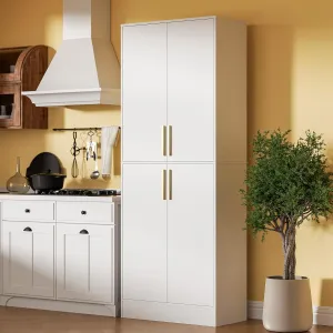 71" Tall Pantry Cabinet with 4 Doors, Kitchen Pantry Storage Cabinet, Freestanding Larder Cupboard, Kitchen Hutch, Utility Pantry with Gold Handles for Dining Room, Bathroom, White