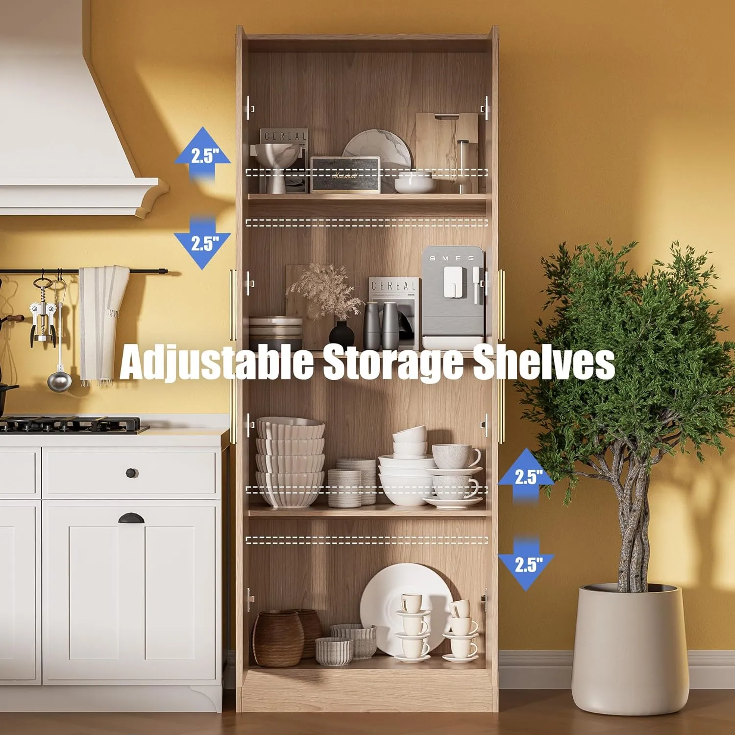 71" Tall Pantry Cabinet with 4 Doors, Kitchen Pantry Storage Cabinet, Freestanding Larder Cupboard, Kitchen Hutch with Gold Handles for Dining Room, Bathroom, Oak