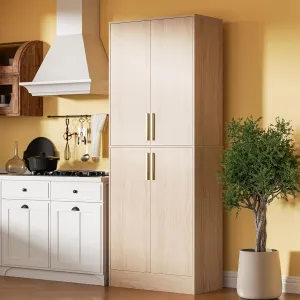 71" Tall Pantry Cabinet with 4 Doors, Kitchen Pantry Storage Cabinet, Freestanding Larder Cupboard, Kitchen Hutch with Gold Handles for Dining Room, Bathroom, Oak