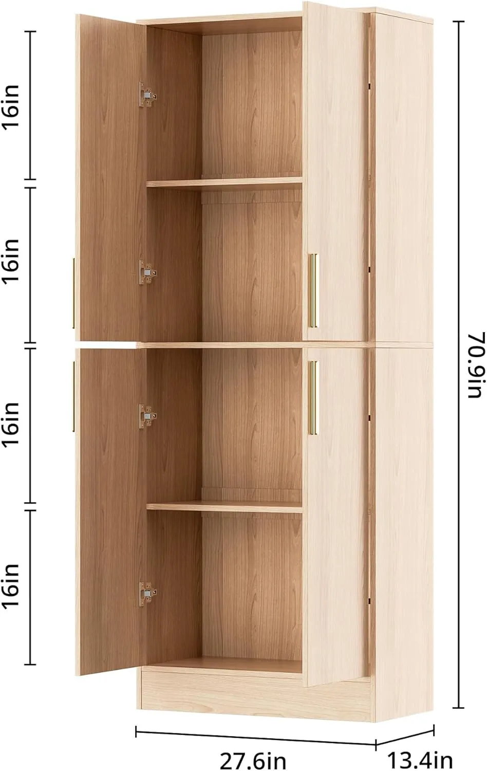 71" Tall Pantry Cabinet with 4 Doors, Kitchen Pantry Storage Cabinet, Freestanding Larder Cupboard, Kitchen Hutch with Gold Handles for Dining Room, Bathroom, Oak