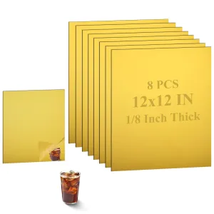 8 PCS Gold Acrylic Sheet 1/8 Thick Mirror Squares for Wall 12x12 Gold Plastic Mirror Sheet 1/8 Thick Acrylic Mirror Sheets 3 Mm Reflective Plexiglass Sheets for Home, DIY Craft, Wall Decor