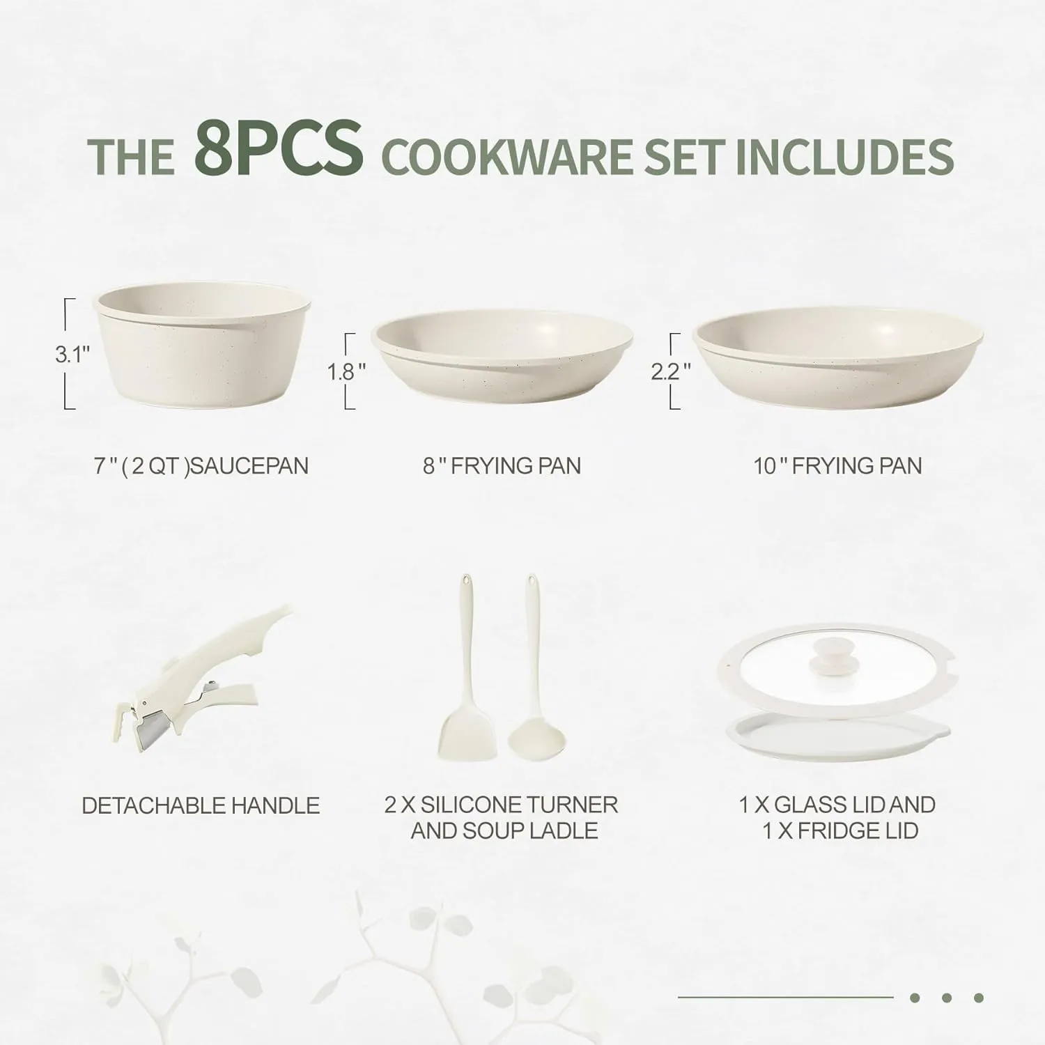 8pcs Ceramic Pots and Pans Set, Non Stick Cookware Set, Detachable Handle Cookware, Induction Kitchen Cooking Set with Removable Handle,Oven Safe, Induction Fast, Stackable Cookware Set