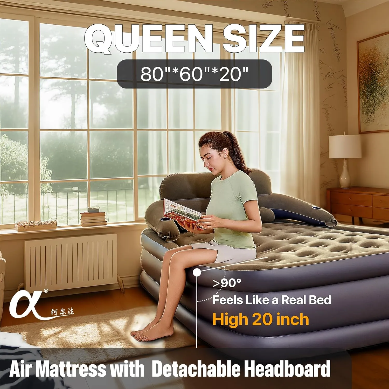 A-ER-FA Queen Air Mattress with Headboard and Cup Holder, Comfort Blow Up Mattress, Inflatable Mattress for Guests and Home, Colchon Inflable, Air Bed