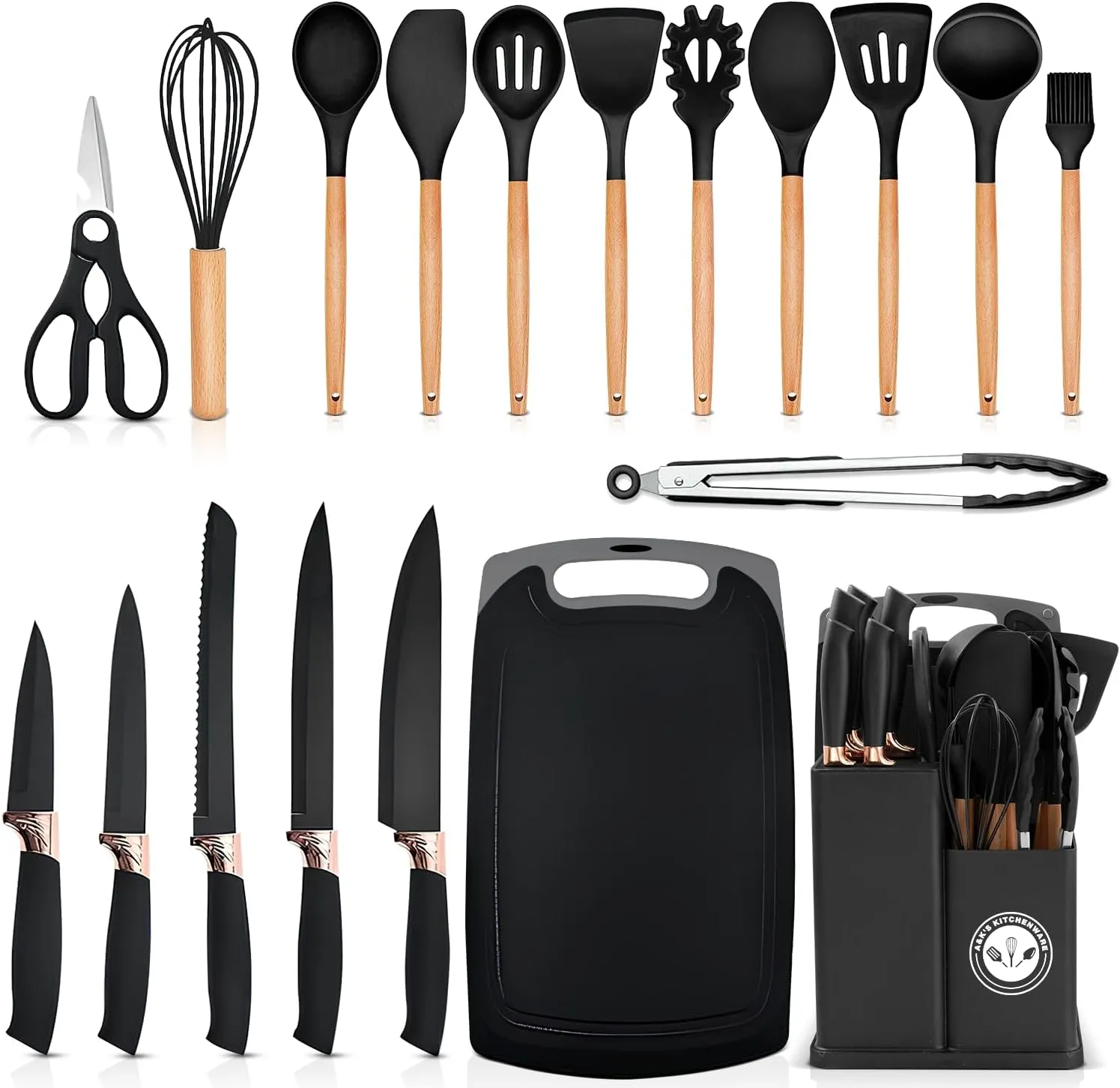 A&K's Silicone Utensils set, non-stick cooking set, silicone spatula, Heat resistant, 6 pieces knife set, cutting board (19 Pcs Black)