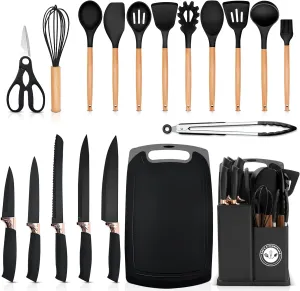 A&K's Silicone Utensils set, non-stick cooking set, silicone spatula, Heat resistant, 6 pieces knife set, cutting board (19 Pcs Black)