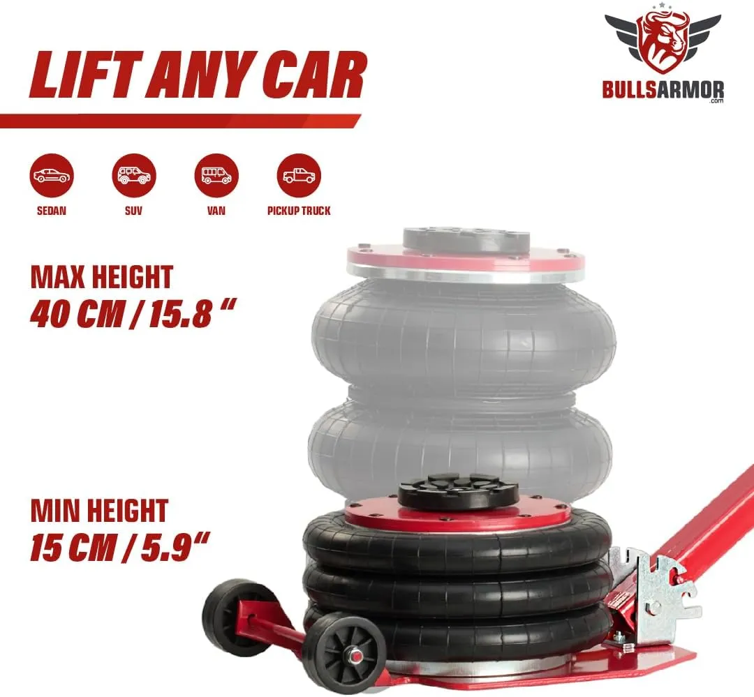 Air Jack 5 Ton (11,000 lbs) Capacity - Heavy Duty Triple Bag Pneumatic Air Bag Car Jack for Rapid Lift (Lifting Height Range: 5.9 – 15.8 inches) with Adjustable Handle – Lava Red