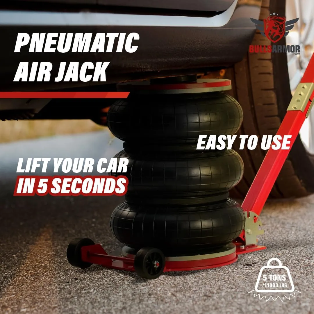 Air Jack 5 Ton (11,000 lbs) Capacity - Heavy Duty Triple Bag Pneumatic Air Bag Car Jack for Rapid Lift (Lifting Height Range: 5.9 – 15.8 inches) with Adjustable Handle – Lava Red
