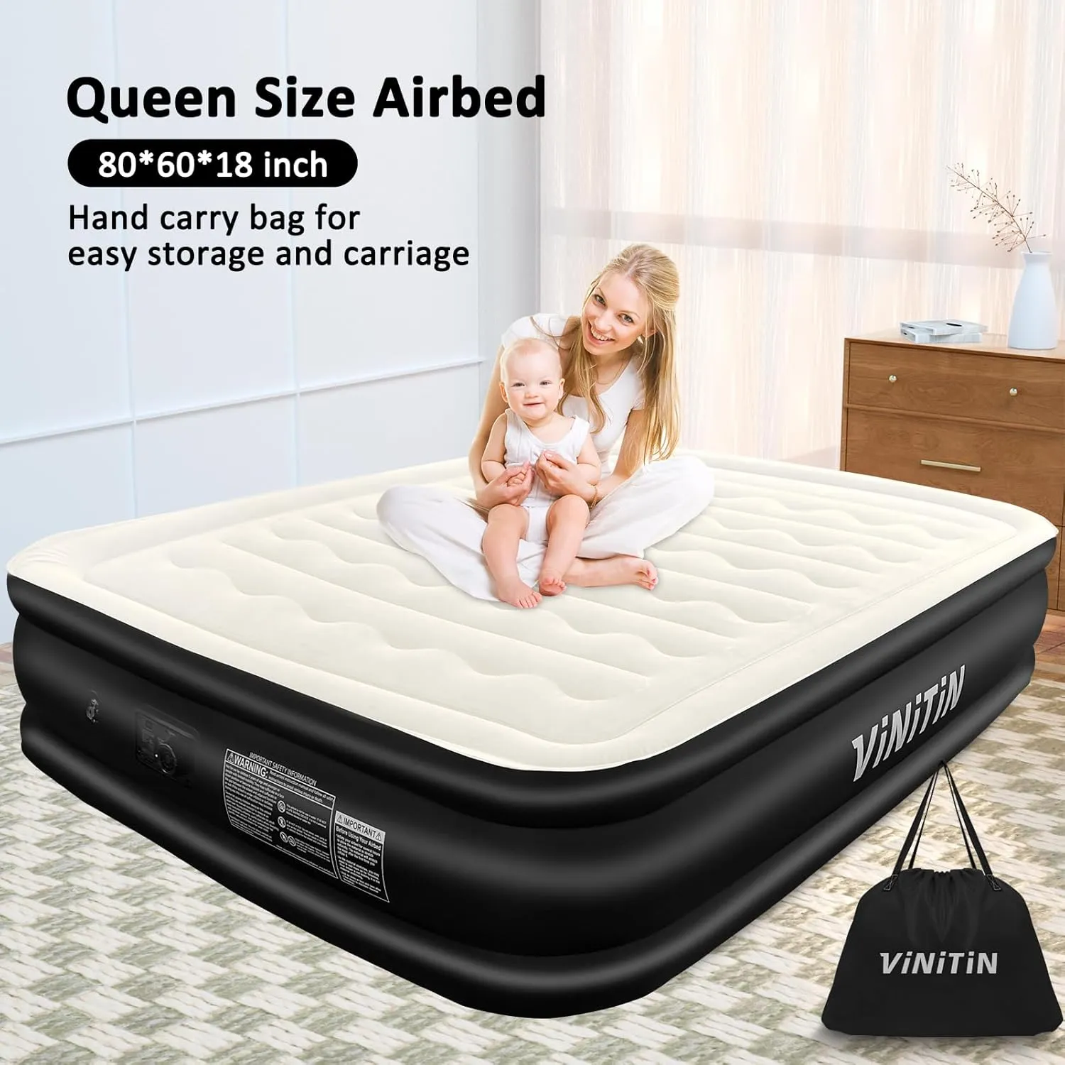 Air Mattress Queen with Built in Pump, 18" Elevated Inflatable Blow Up Mattress with Self-Inflation/Deflation, Soft Flocked Top Air Bed for Guest, Home,Camping, 80x60x18in, Max 660lb, Black
