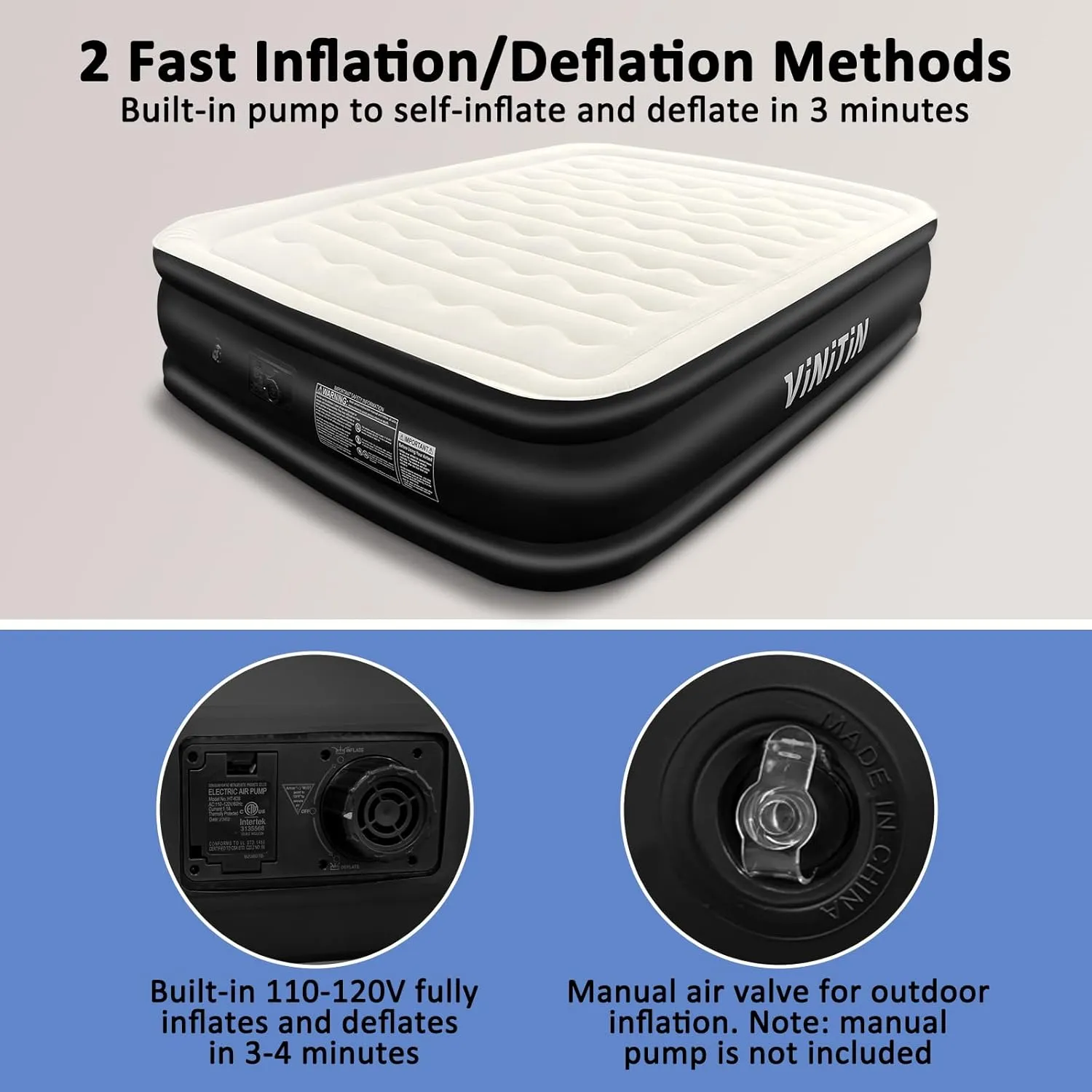 Air Mattress Queen with Built in Pump, 18" Elevated Inflatable Blow Up Mattress with Self-Inflation/Deflation, Soft Flocked Top Air Bed for Guest, Home,Camping, 80x60x18in, Max 660lb, Black