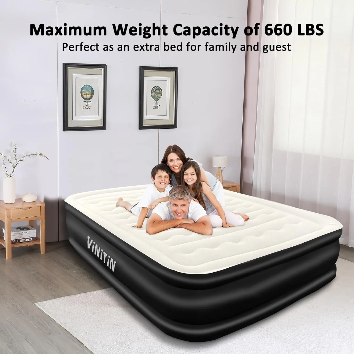 Air Mattress Queen with Built in Pump, 18" Elevated Inflatable Blow Up Mattress with Self-Inflation/Deflation, Soft Flocked Top Air Bed for Guest, Home,Camping, 80x60x18in, Max 660lb, Black