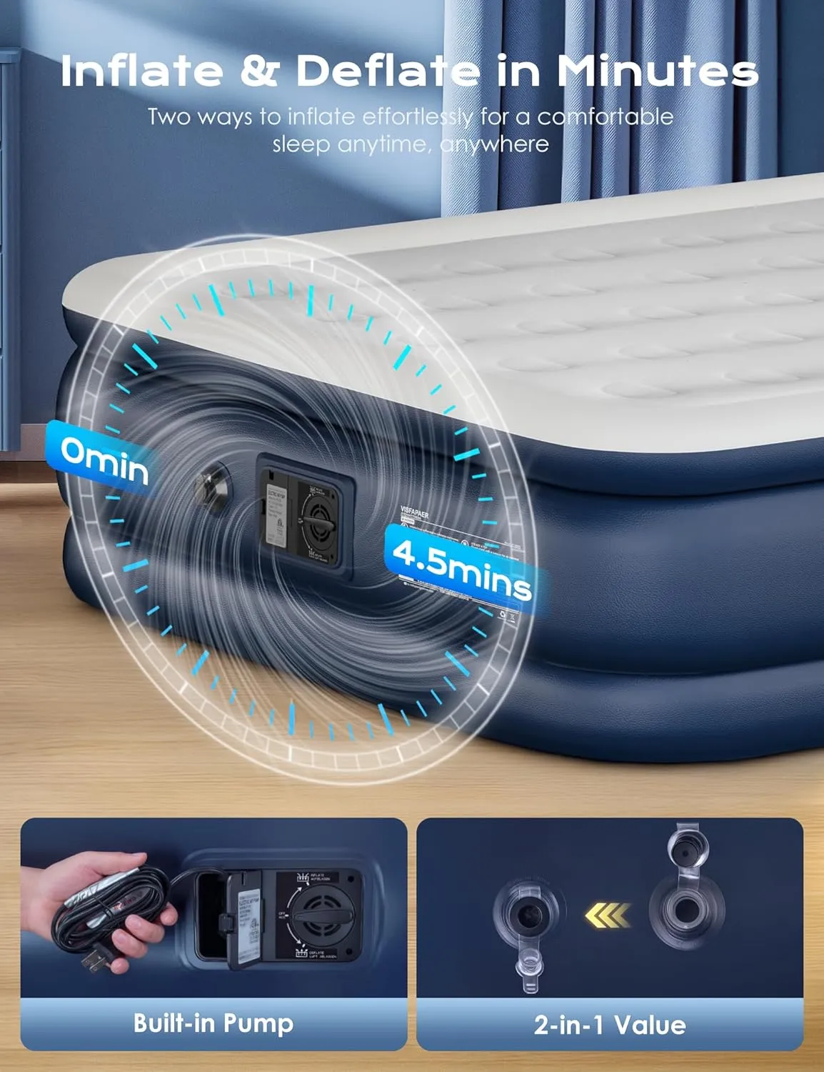 Air Mattress Queen with Built in Pump Raised, 18'' High Inflatable Mattress Electric Blow Up Mattress Fast Blow Up Bed Tall Comfortable Airbed for Camping, Home Guests, Travel w/ Carry Bag 650Lbs Max