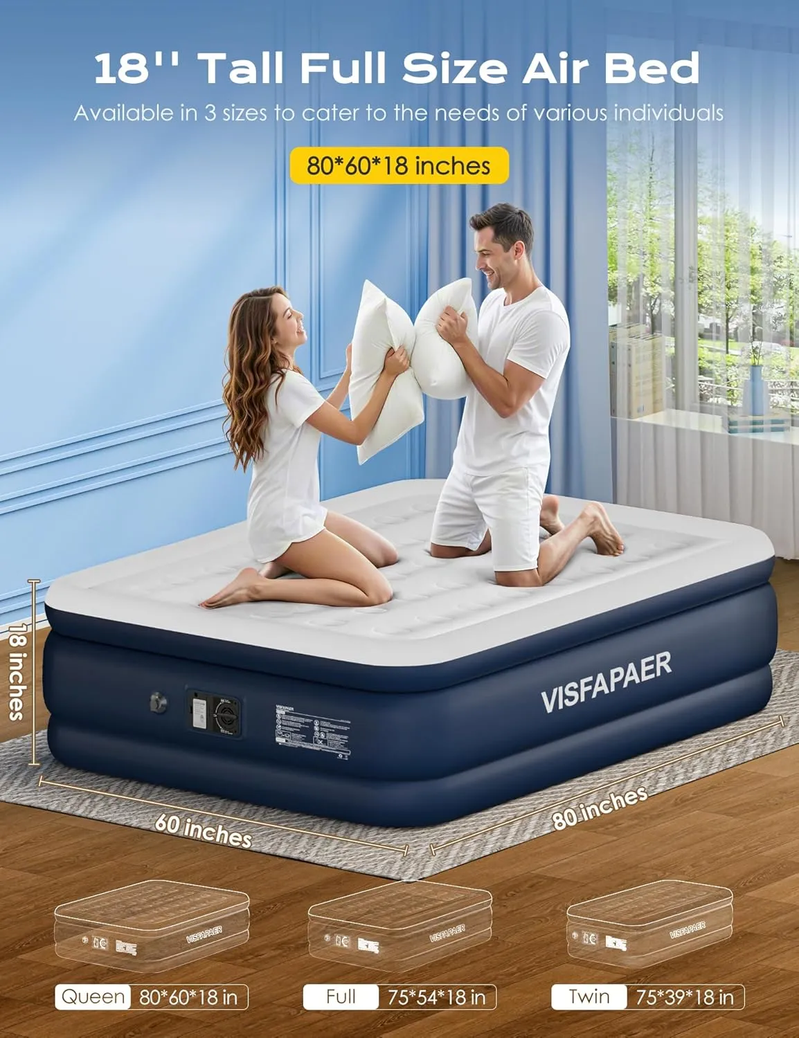 Air Mattress Queen with Built in Pump Raised, 18'' High Inflatable Mattress Electric Blow Up Mattress Fast Blow Up Bed Tall Comfortable Airbed for Camping, Home Guests, Travel w/ Carry Bag 650Lbs Max
