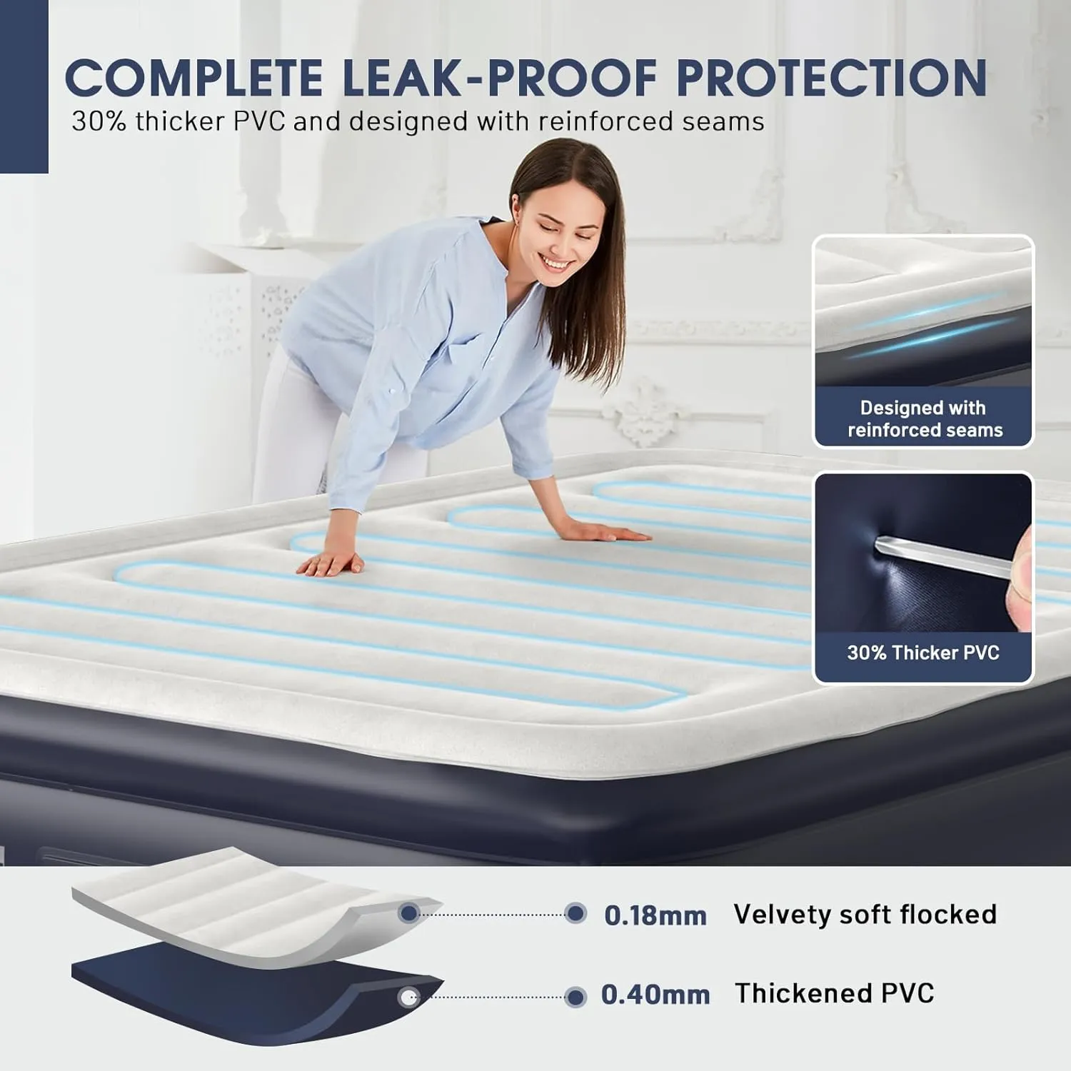 Air Mattress Queen With Built In Pump,18''Raised Blow Up Mattress 2 Mins Self-Inflation/Deflation,Upgraded Thicker Inflatable Mattress，Air Bed with Storage Bag for Guests,Home，Camping，660 lbs Max