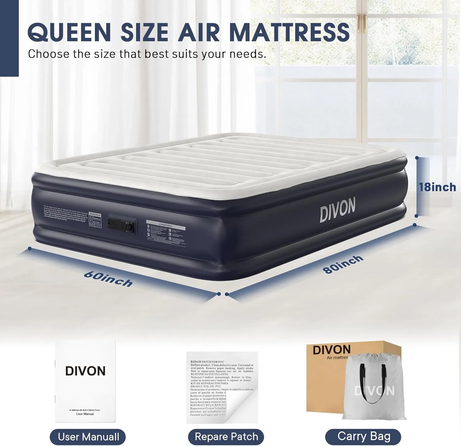 Air Mattress Queen With Built In Pump,18''Raised Blow Up Mattress 2 Mins Self-Inflation/Deflation,Upgraded Thicker Inflatable Mattress，Air Bed with Storage Bag for Guests,Home，Camping，660 lbs Max