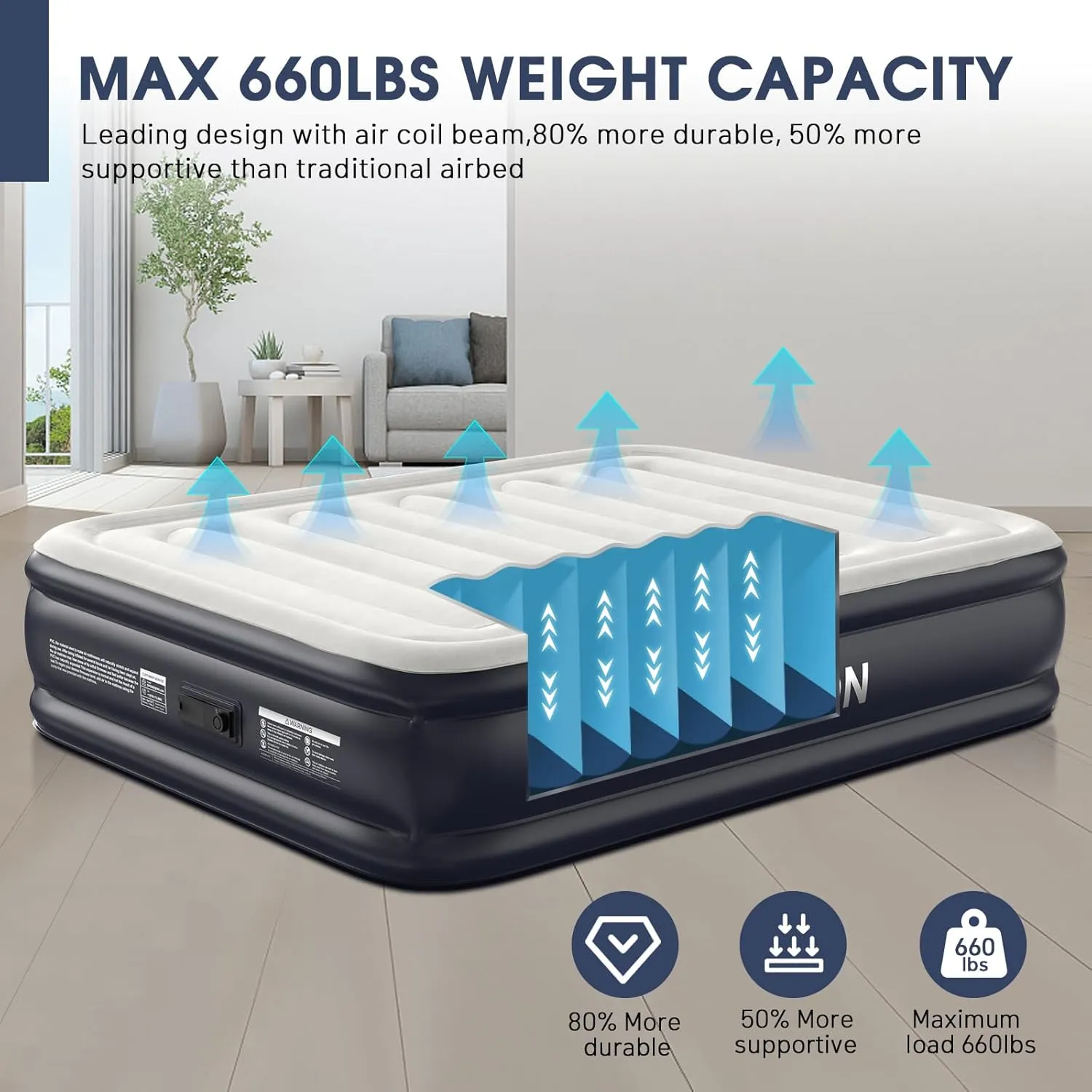 Air Mattress Queen With Built In Pump,18''Raised Blow Up Mattress 2 Mins Self-Inflation/Deflation,Upgraded Thicker Inflatable Mattress，Air Bed with Storage Bag for Guests,Home，Camping，660 lbs Max