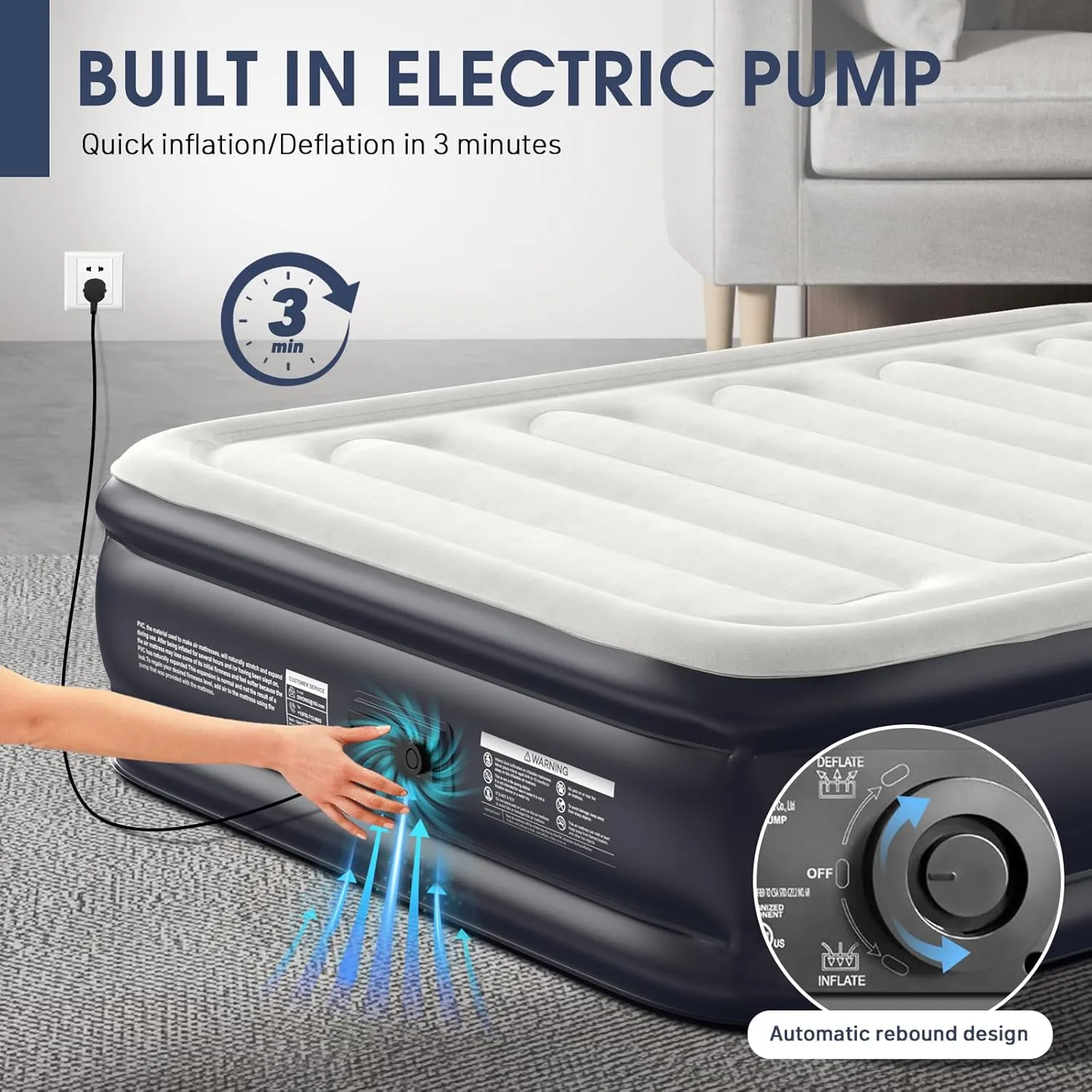 Air Mattress Queen With Built In Pump,18''Raised Blow Up Mattress 2 Mins Self-Inflation/Deflation,Upgraded Thicker Inflatable Mattress，Air Bed with Storage Bag for Guests,Home，Camping，660 lbs Max
