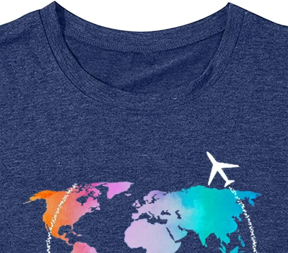 Airplane Mode Shirt Women Love Heart Graphic Tees Adventure Letter Print Short Sleeve Travel Shirts Casual Outdoor Tops