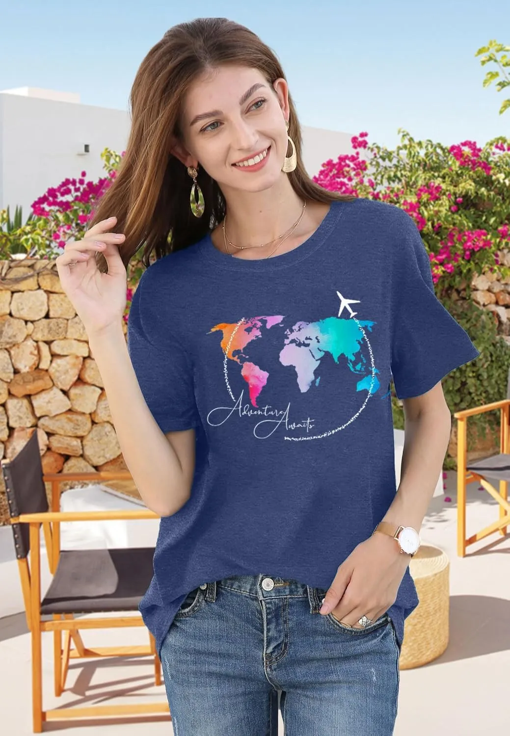 Airplane Mode Shirt Women Love Heart Graphic Tees Adventure Letter Print Short Sleeve Travel Shirts Casual Outdoor Tops