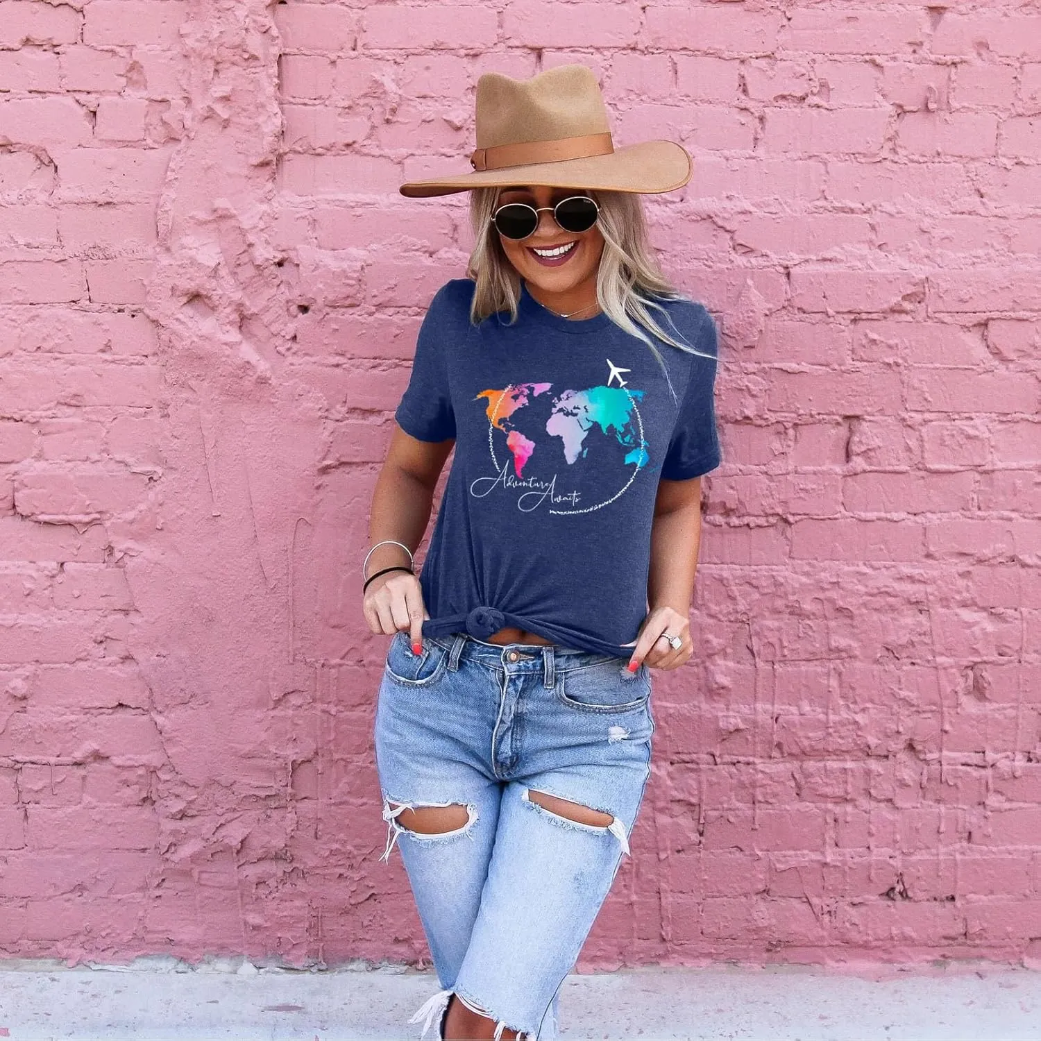 Airplane Mode Shirt Women Love Heart Graphic Tees Adventure Letter Print Short Sleeve Travel Shirts Casual Outdoor Tops