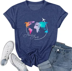 Airplane Mode Shirt Women Love Heart Graphic Tees Adventure Letter Print Short Sleeve Travel Shirts Casual Outdoor Tops