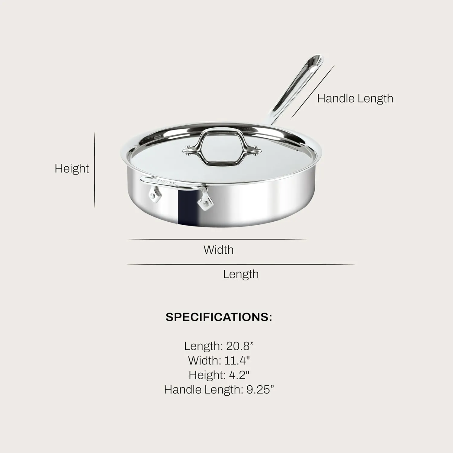 All-Clad D3 3-Ply Stainless Steel Sauté Pan 4 Quart Induction Oven Broiler Safe 600F Pots and Pans, Cookware Silver