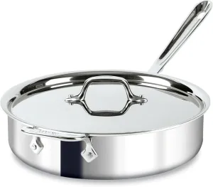 All-Clad D3 3-Ply Stainless Steel Sauté Pan 4 Quart Induction Oven Broiler Safe 600F Pots and Pans, Cookware Silver
