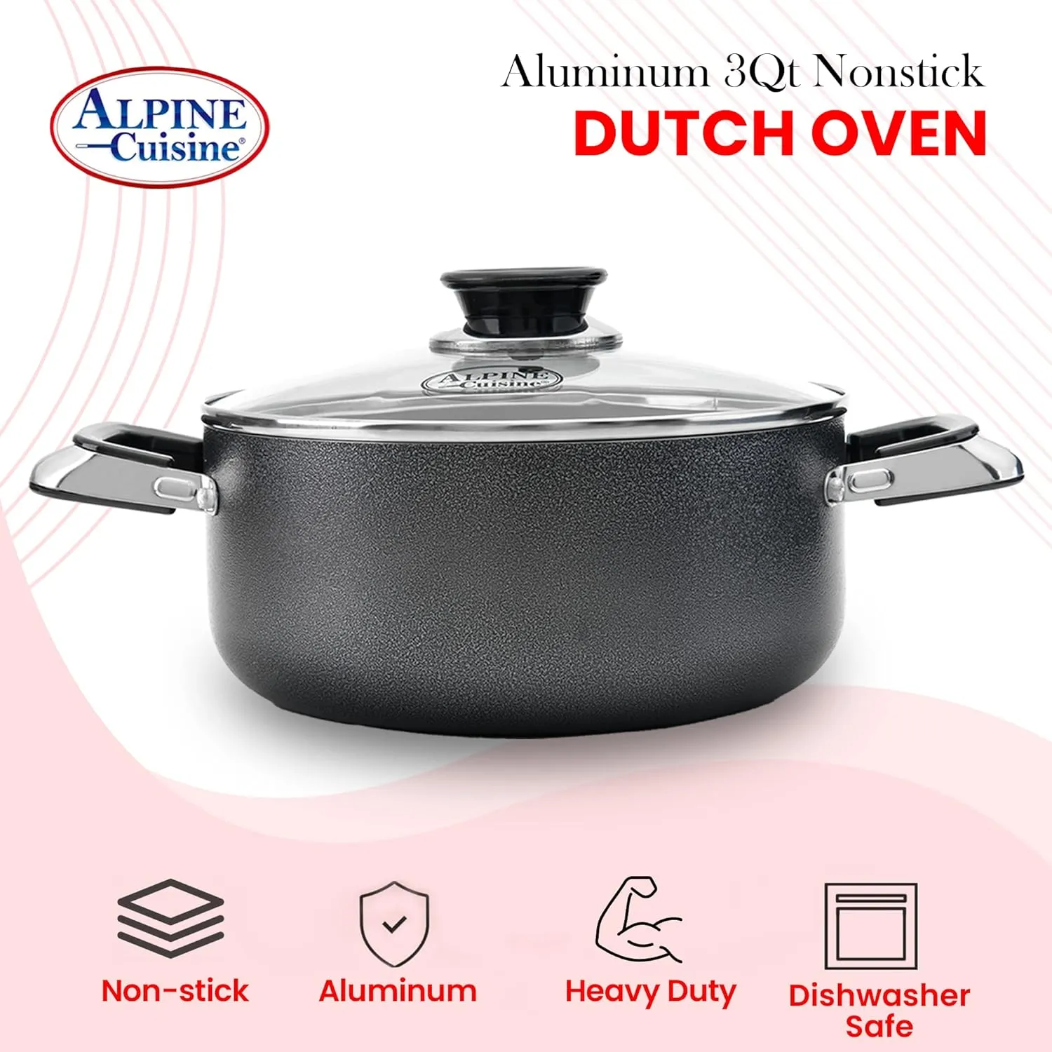 Alpine Cuisine 3 Quart Non-stick Stock Pot with Tempered Glass Lid and Carrying Handles, Multi-Purpose Cookware Aluminum Dutch Oven for Braising, Boiling, Stewing
