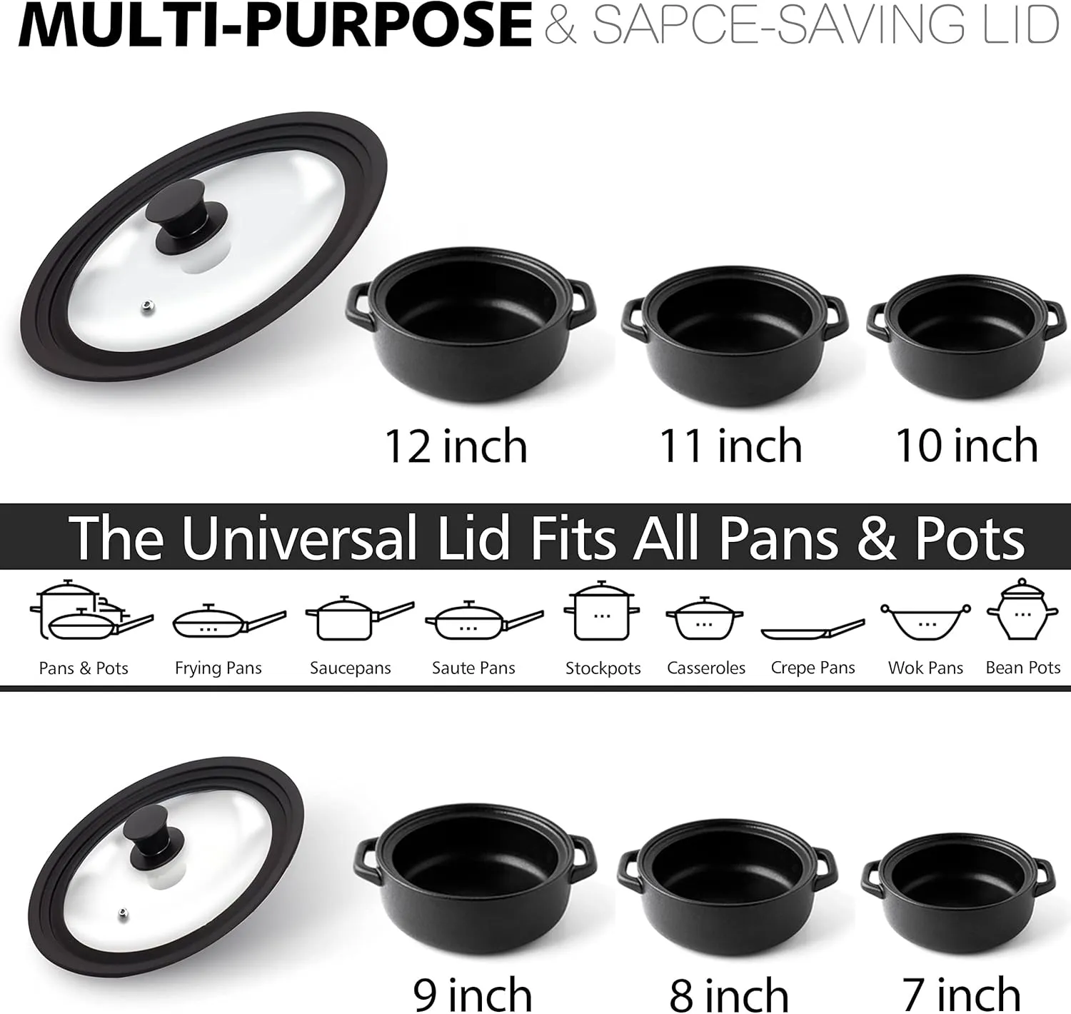 Anaeat Silicone Universal Lid for Pots, Pans and Skillets - Tempered Glass Covered with Heat Resistant Silicone Rim Fits All 7" to 12" Diameter Cookware -Easy to Use Replacement Frying Pan Cover
