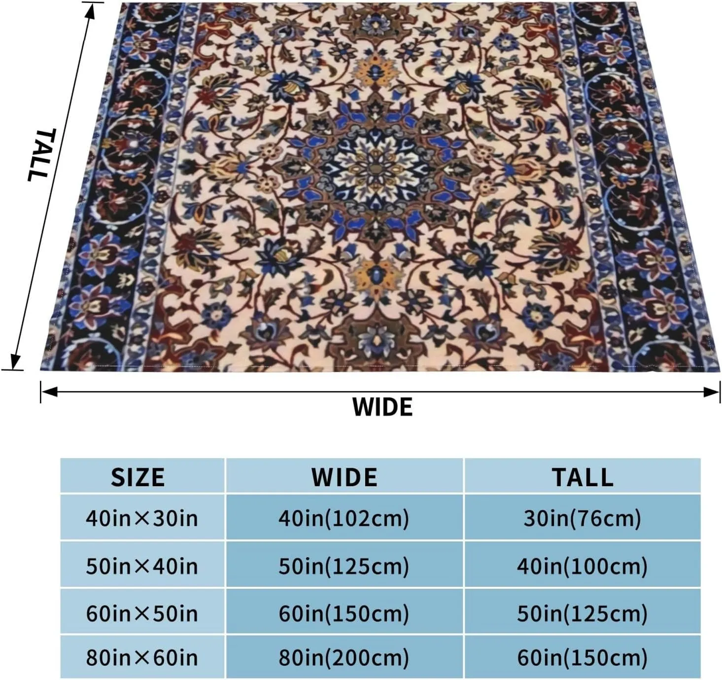 Antique Persian Pattern, Blue Oriental 50"X40" Flannel Blanket - 100% Soft Polyester, Lightweight and Warm, Suitable for Families, Camping, Travel